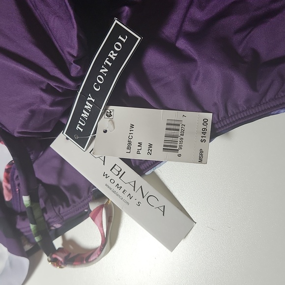 NWT LA BLANCA 22W one piece swimsuit purple with floral print - Picture 4 of 11